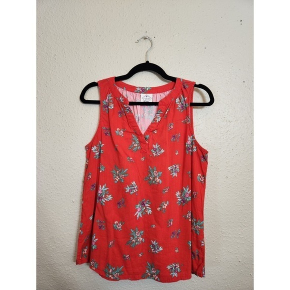 St John's Bay Womens Red Floral Cotton Spilt V-Neck Sleeveless Blouse Size Small